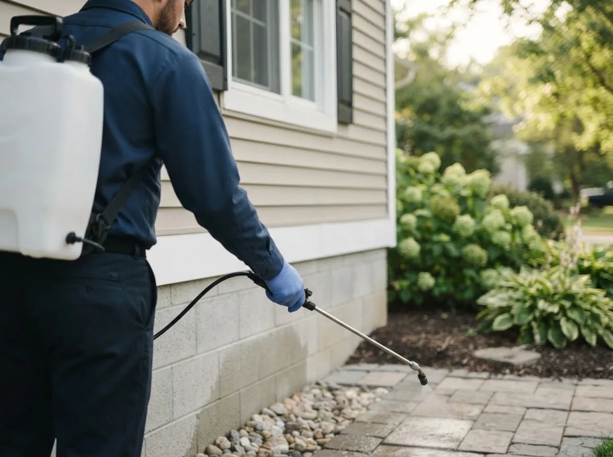 Pest control technician inspecting a home in Knowlesville, NY